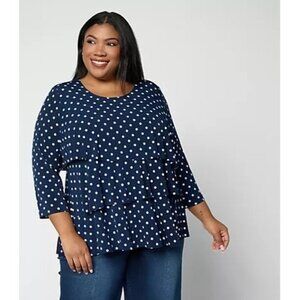 Susan Graver Womens Polka Dot Ruffle Tiered Top 3/4 Sleeve 3X Blue